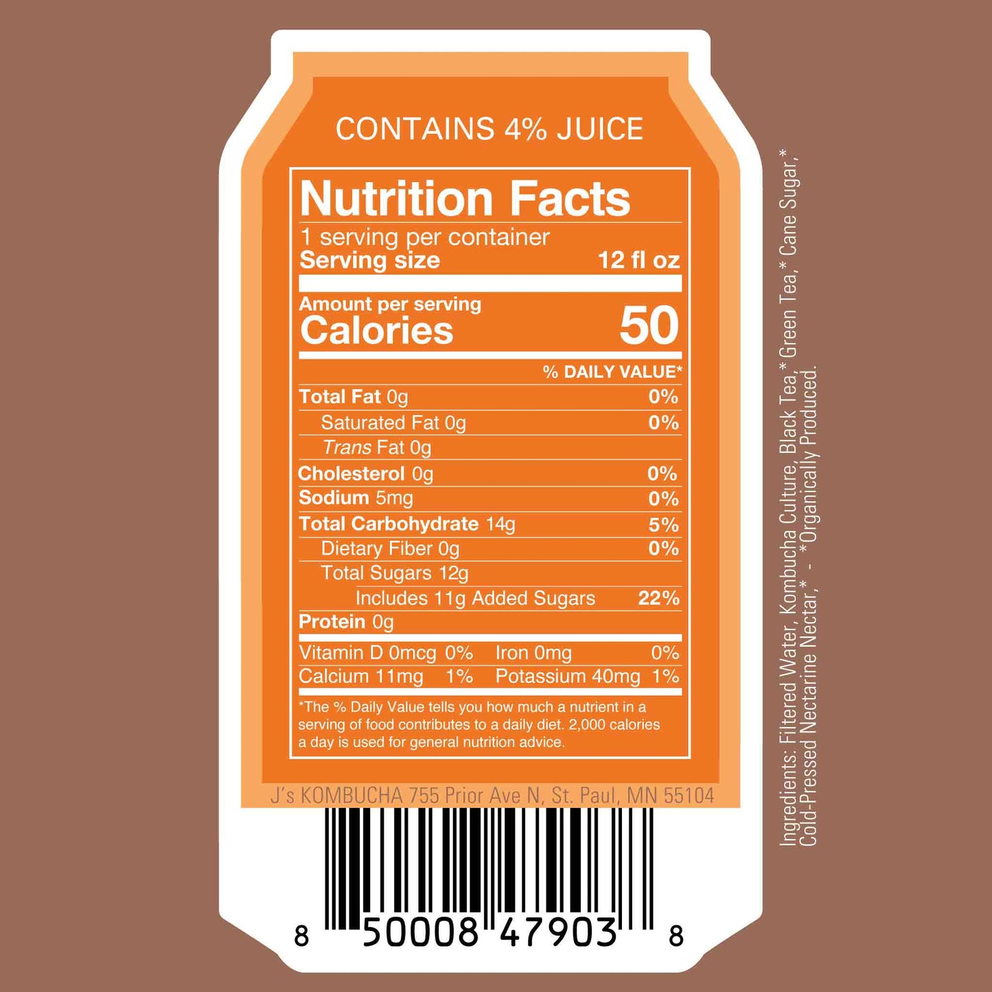 J's Kombucha, Nectarine Kombucha Nutrition Facts